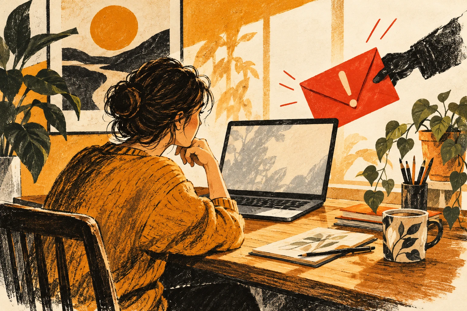 Ink illustration of a creator's desk with an alarming envelope outside a laptop screen