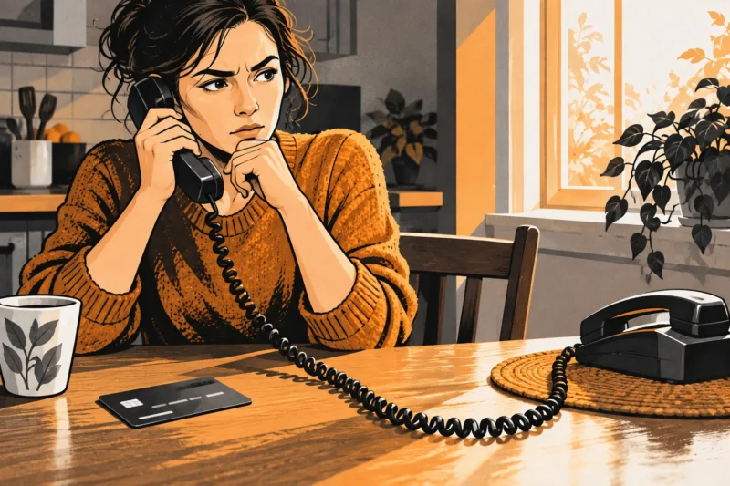 Ink illustration of a person pausing a phone call beside a bank card and telephone.