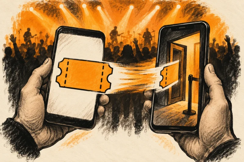 Ink illustration contrasting a flat ticket screenshot with a ticket transferred between two phones