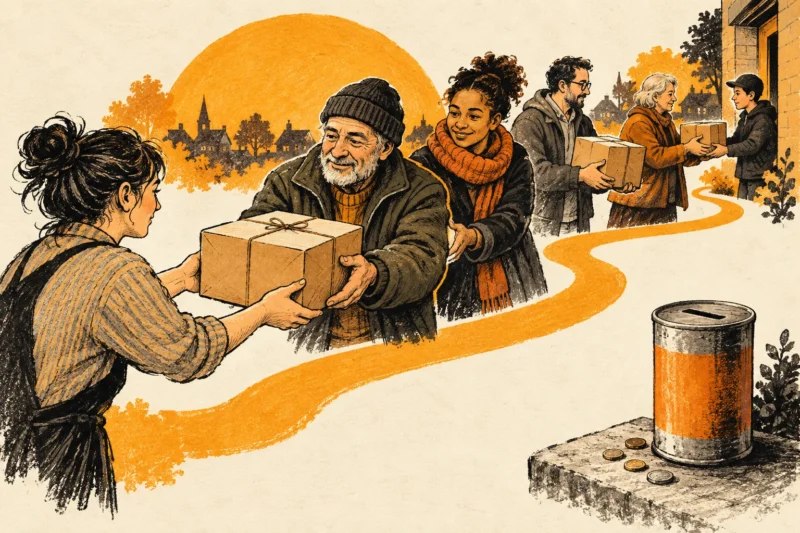 Ink illustration of hands passing a relief parcel along a clear route beside an unconnected donation tin
