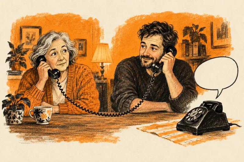 Ink illustration of family members linked through an established phone contact while an unfamiliar message sits apart