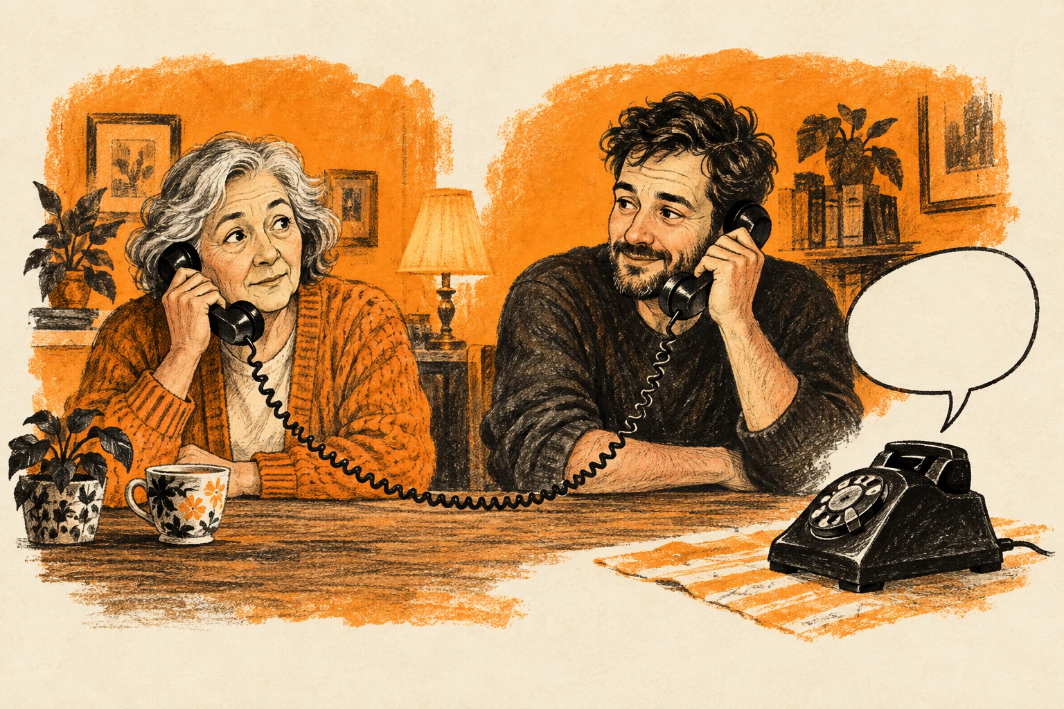 Ink illustration of family members linked through an established phone contact while an unfamiliar message sits apart
