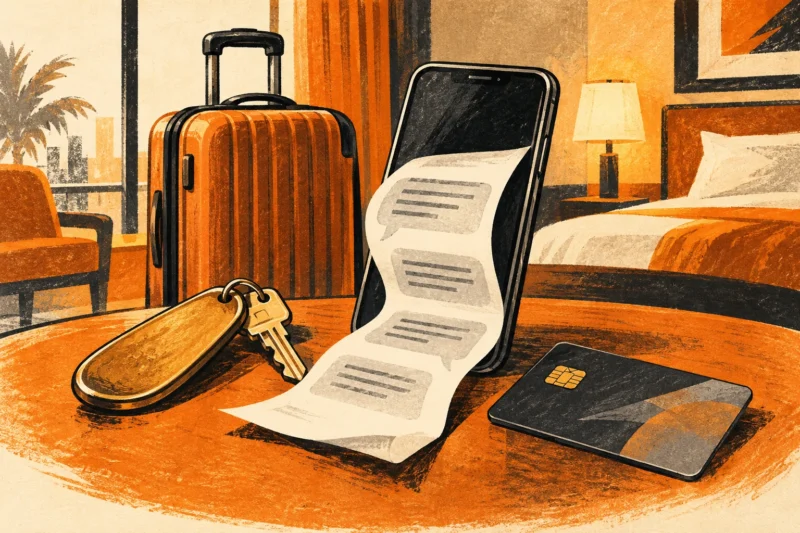 Ink illustration of a hotel key and suitcase beside a phone carrying an unexpected payment message