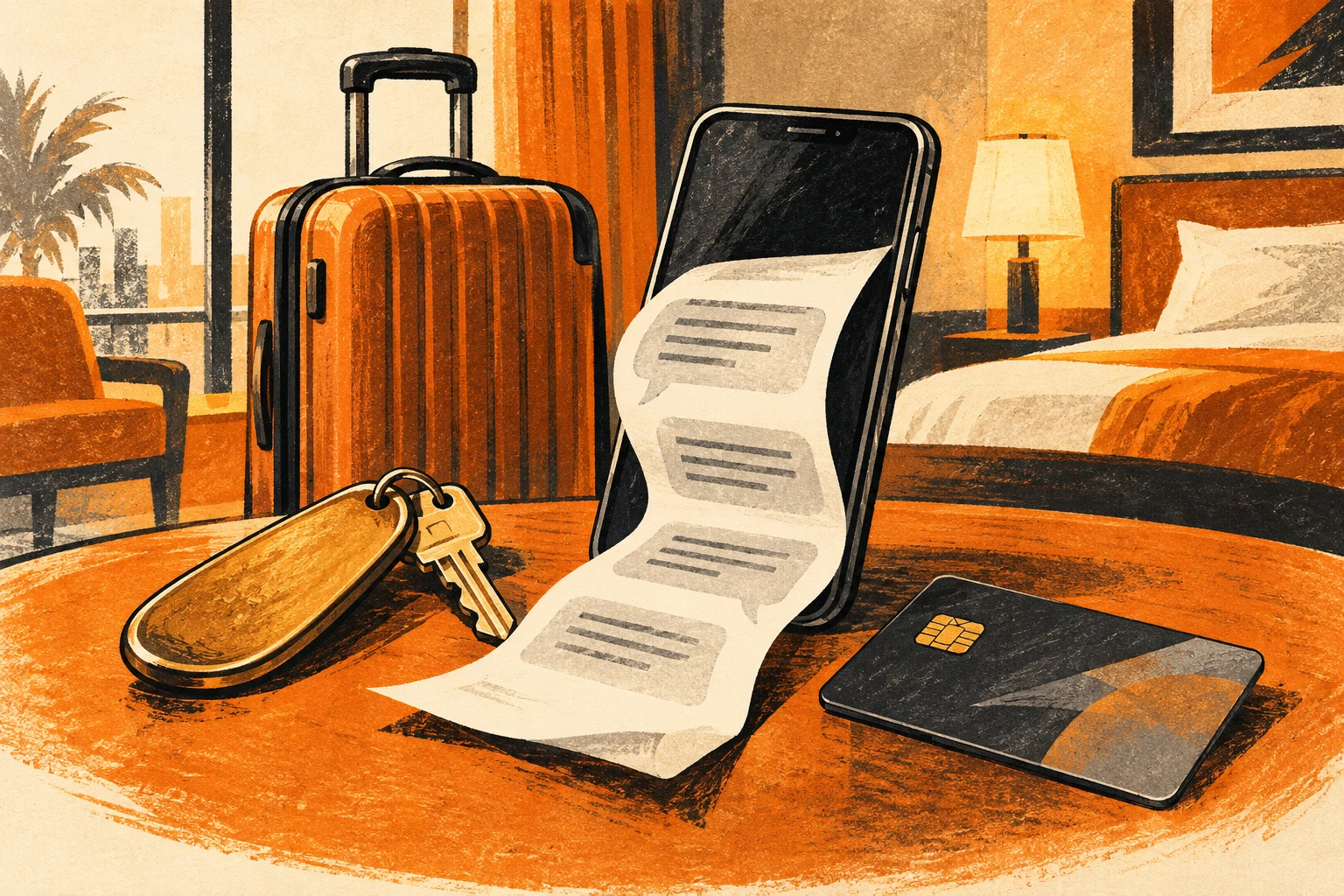Ink illustration of a hotel key and suitcase beside a phone carrying an unexpected payment message
