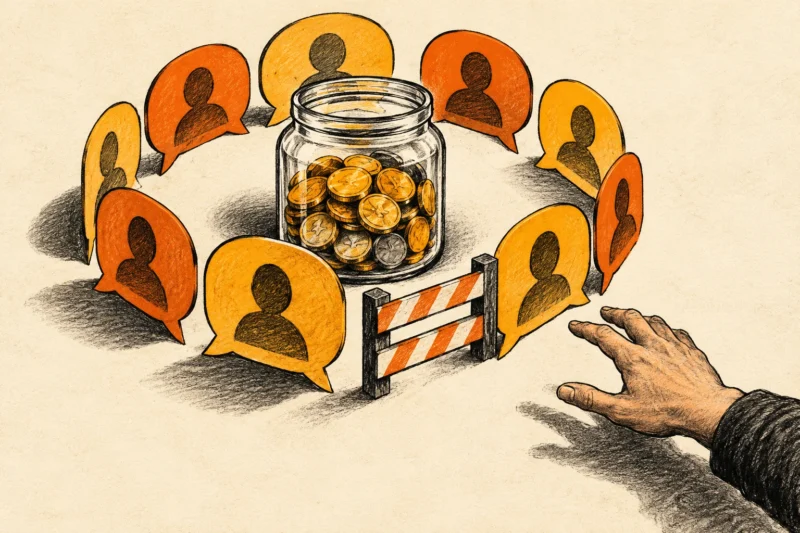 Ink illustration of chat avatars surrounding an investment jar with a blocked exit