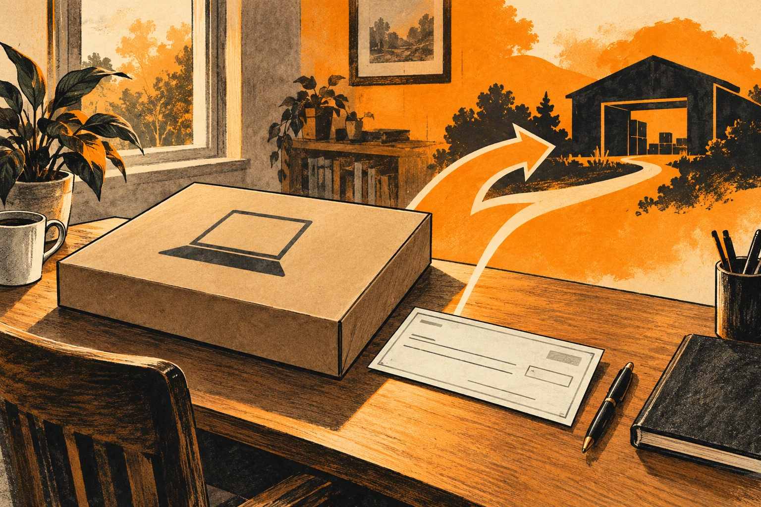 Ink illustration of a job equipment check beside a laptop box and an unverified supplier payment path