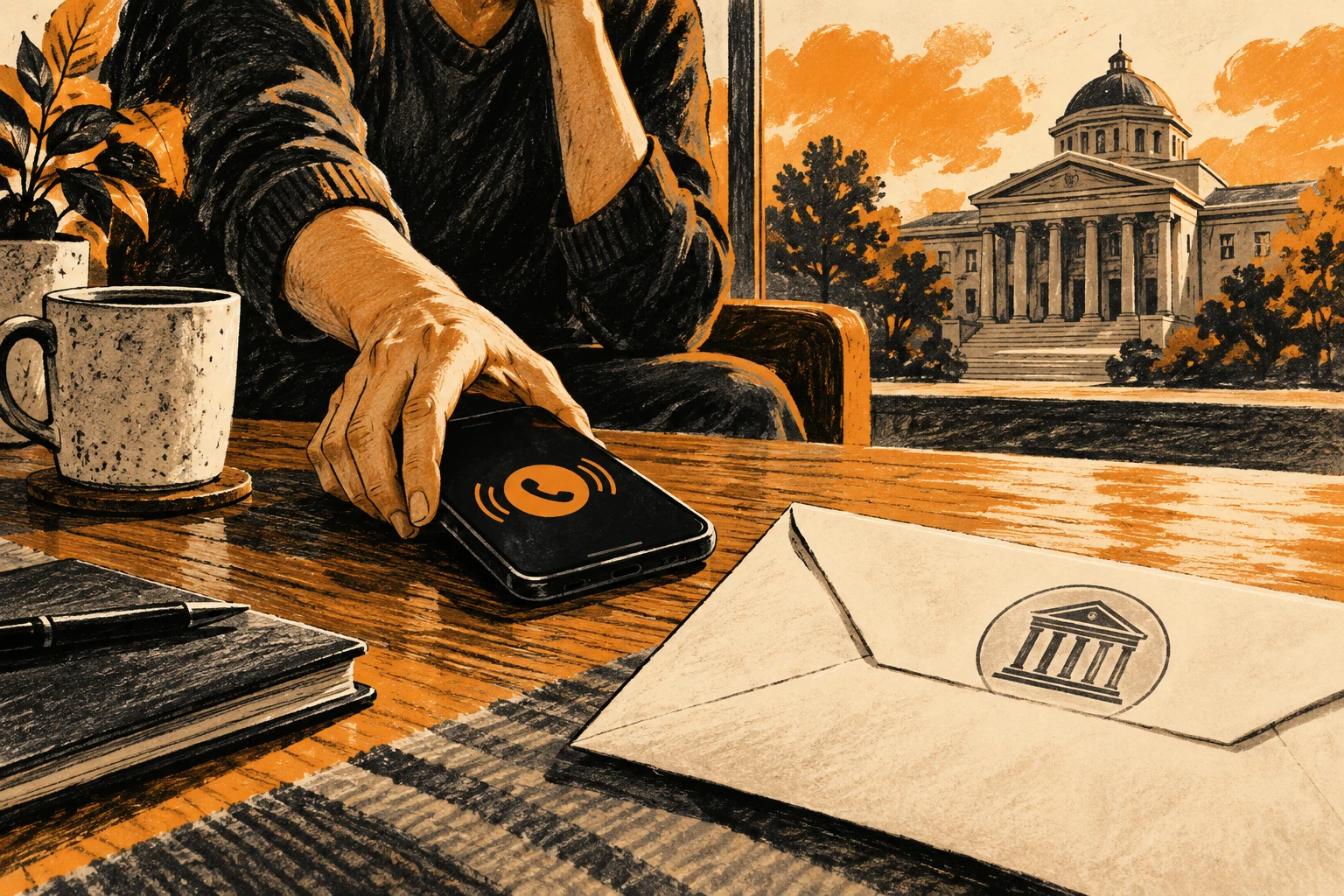 Ink illustration of a person putting down a phone beside a courthouse envelope