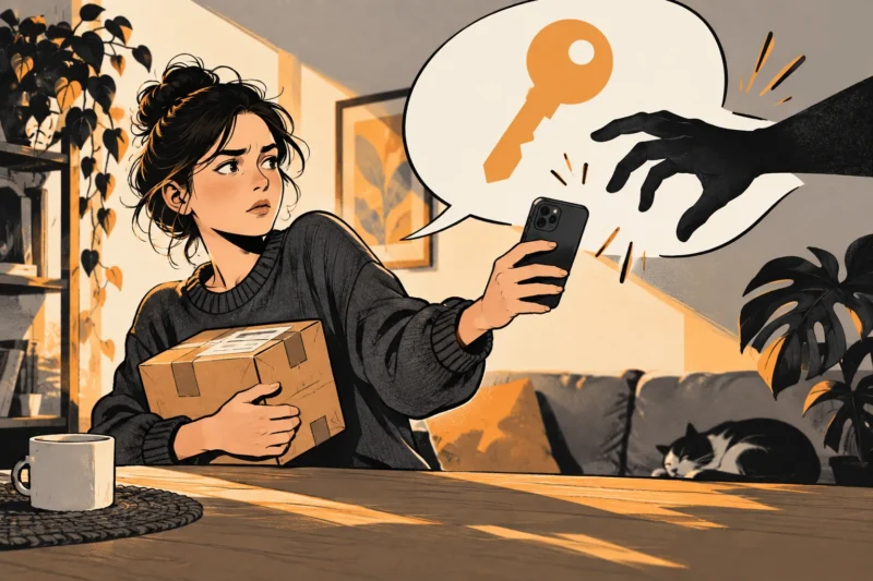 Ink illustration of a marketplace seller keeping their phone away from a request for a key.