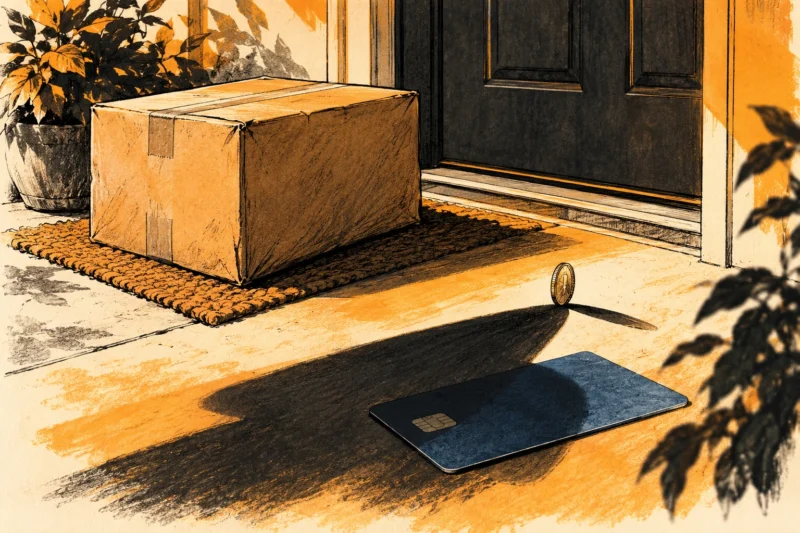 Ink illustration of a parcel and a small coin casting a large shadow over a payment card