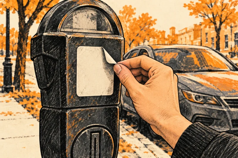 Ink illustration of a suspicious sticker on a parking meter beside a parked car