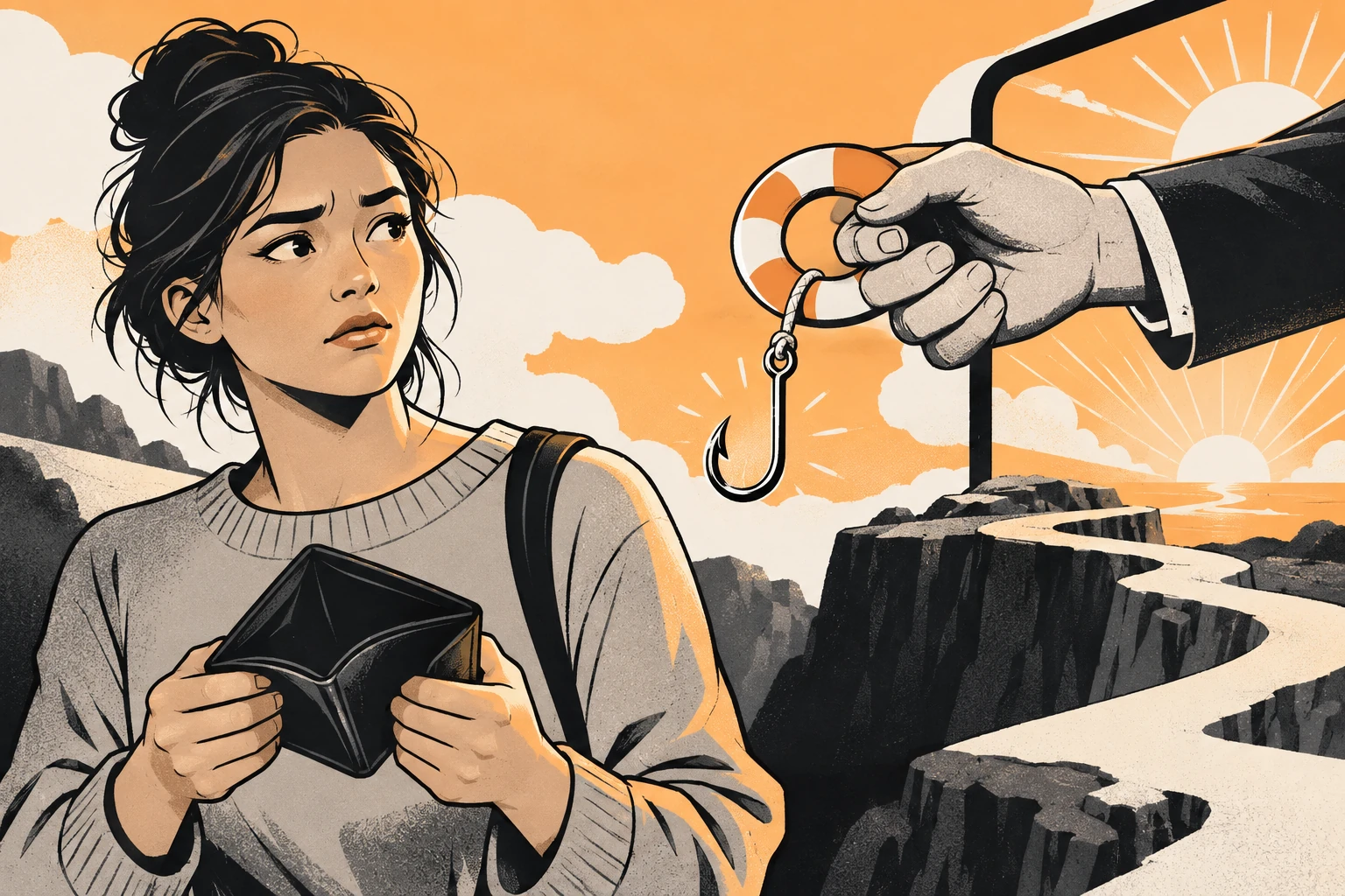 Ink illustration of a false recovery lifeline concealing a hook beside an empty wallet.