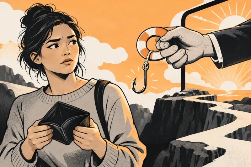 Ink illustration of a false recovery lifeline concealing a hook beside an empty wallet.