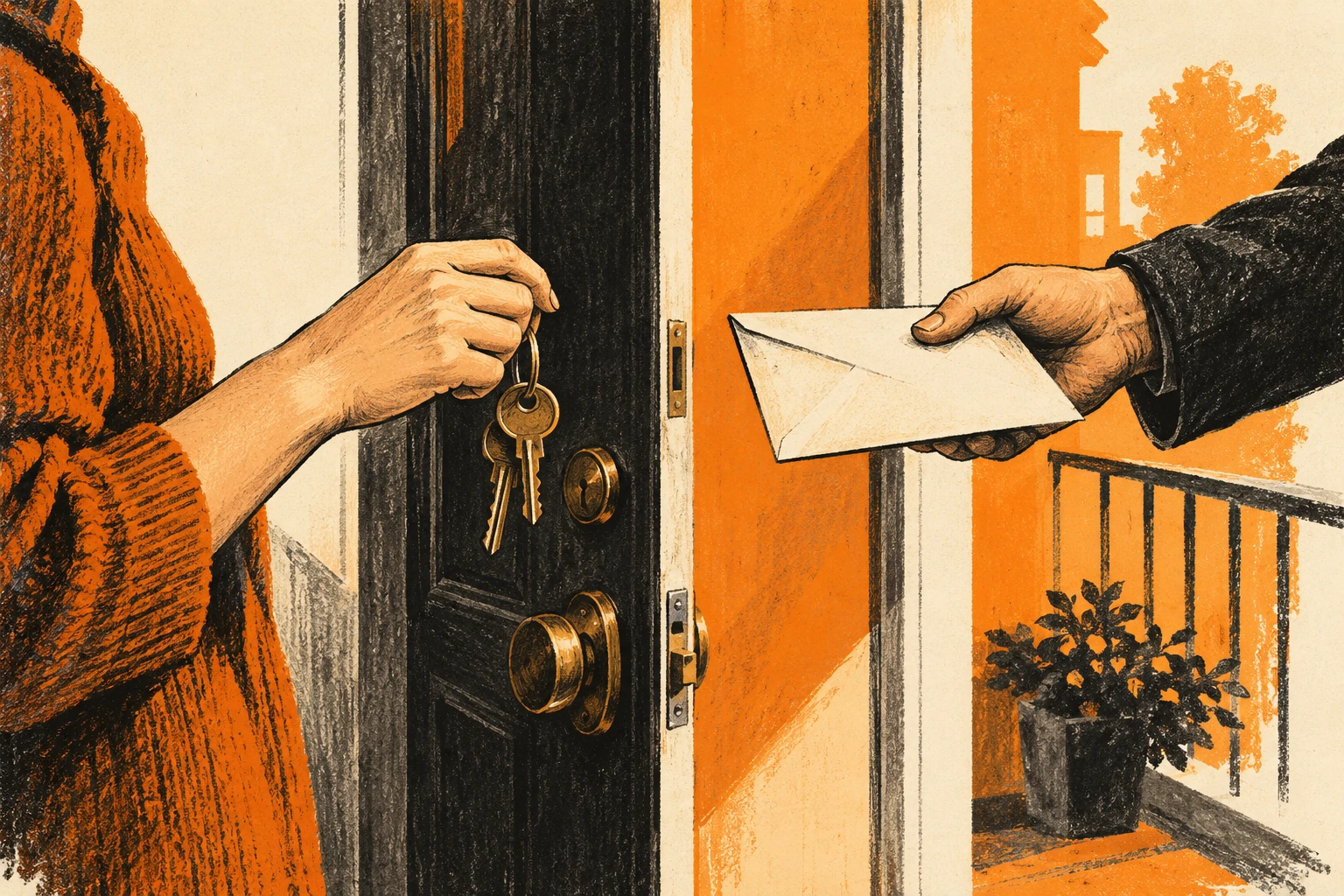 Ink illustration of apartment keys and a payment envelope separated by an unverified doorway