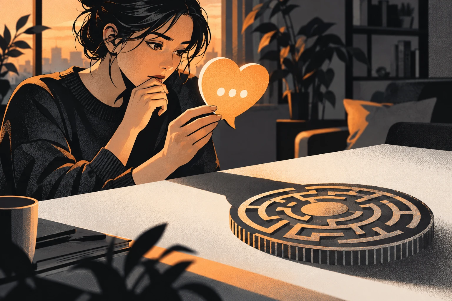 Ink illustration of a heart-shaped conversation casting a coin-maze shadow.
