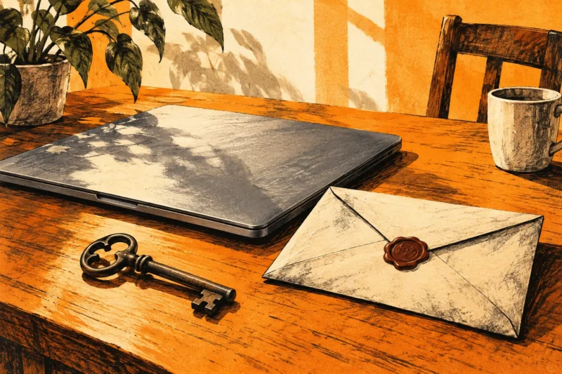 Ink illustration of a closed laptop, an old key and an ominous envelope in daylight