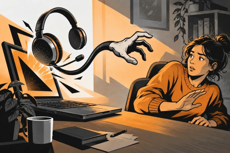 Illustration of an intrusive support headset emerging from a laptop warning.