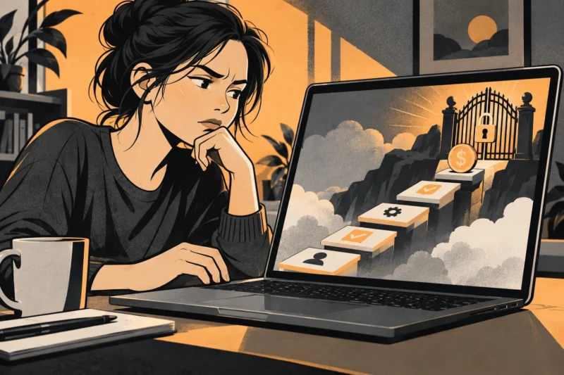 Graphic-novel illustration of a paid-task staircase ending at a locked deposit gate.