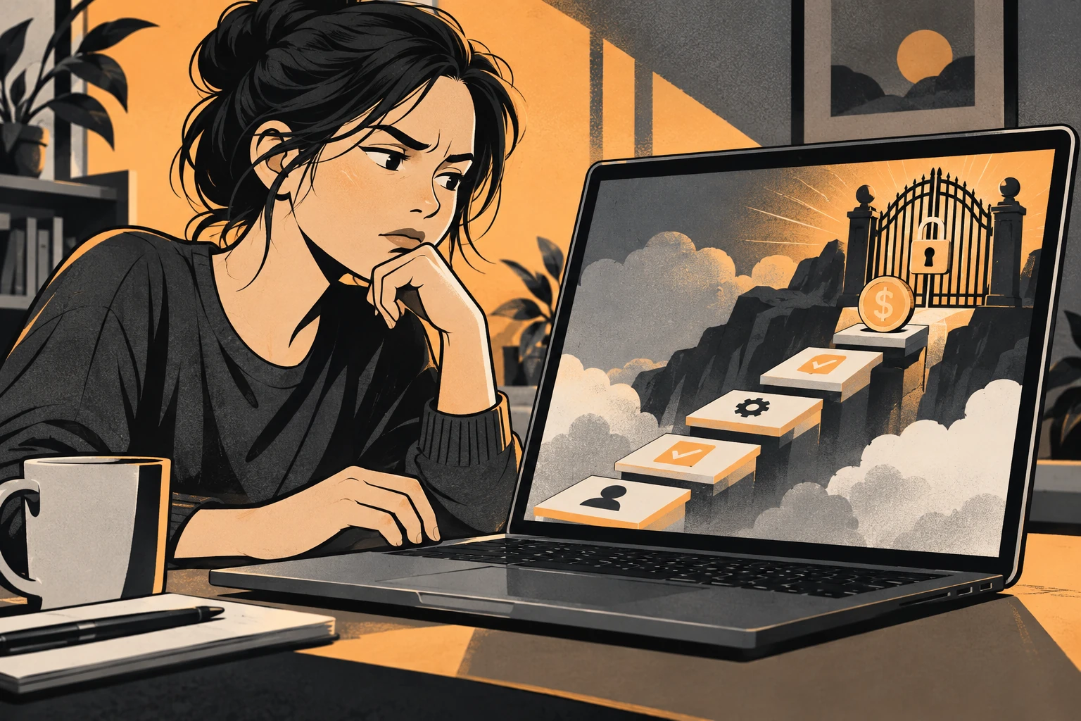 Graphic-novel illustration of a paid-task staircase ending at a locked deposit gate.