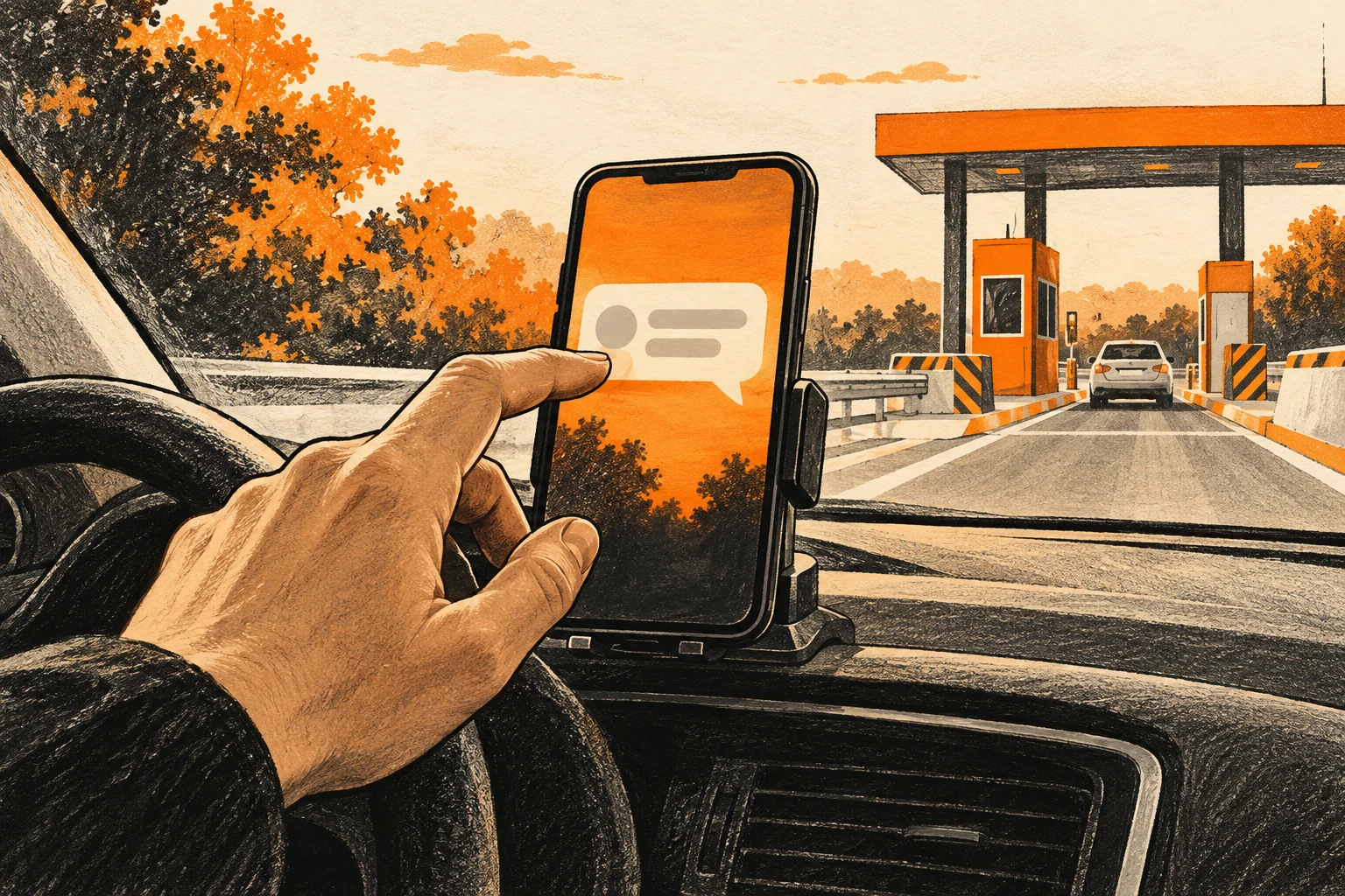 Ink illustration of a driver pausing over a phone message near a toll booth