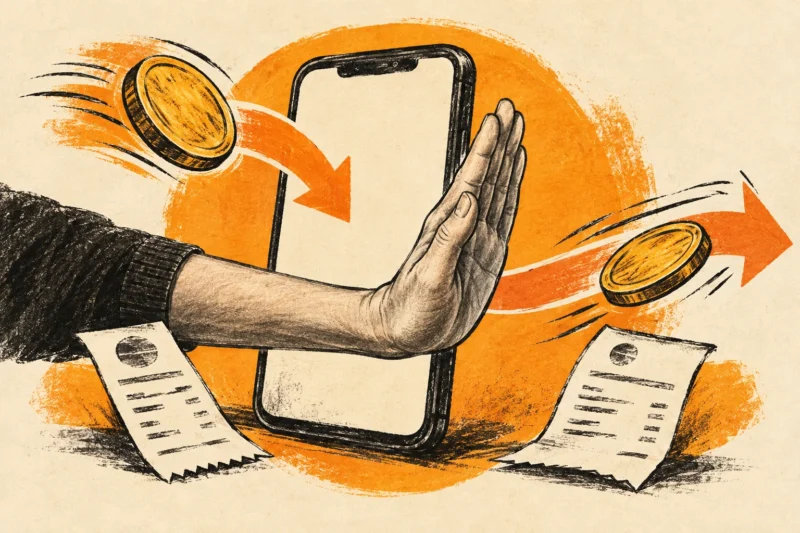 Ink illustration of two separate payment slips beside a phone and a hand pausing an outgoing transfer