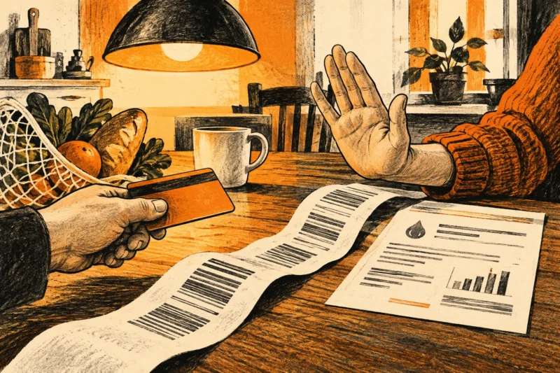 Ink illustration of a household utility bill and a suspicious retail payment slip