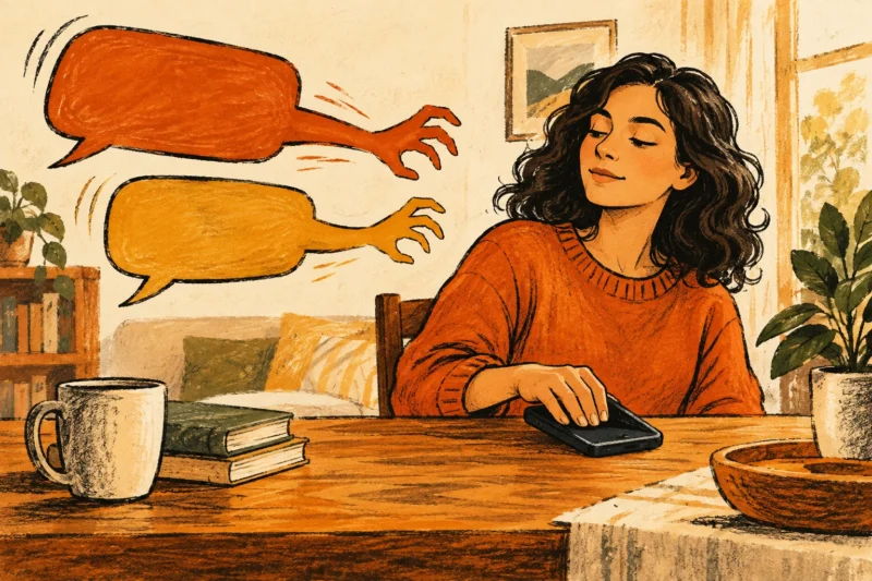 Ink illustration of a person calmly closing a phone while an unfamiliar conversation bubble reaches toward them