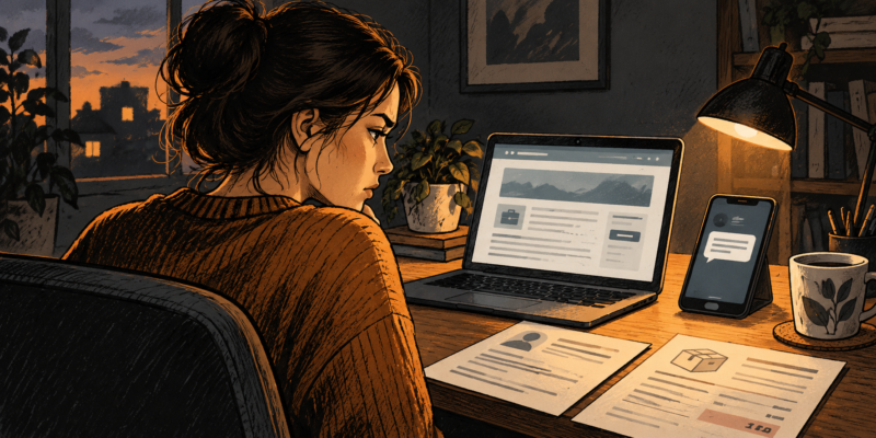 Graphic-novel illustration of a job seeker checking a remote job offer on a laptop and phone