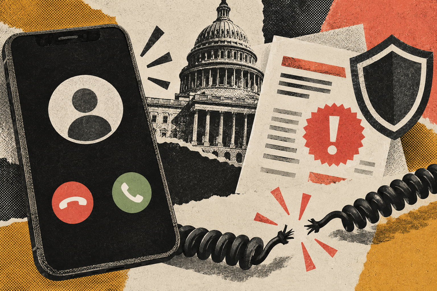 Editorial screenprint illustration of a suspicious Social Security benefits call, official-looking letter, warning seal and shield.