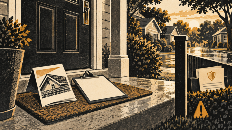Charcoal-and-amber print illustration of an unsolicited roofing estimate at a front door