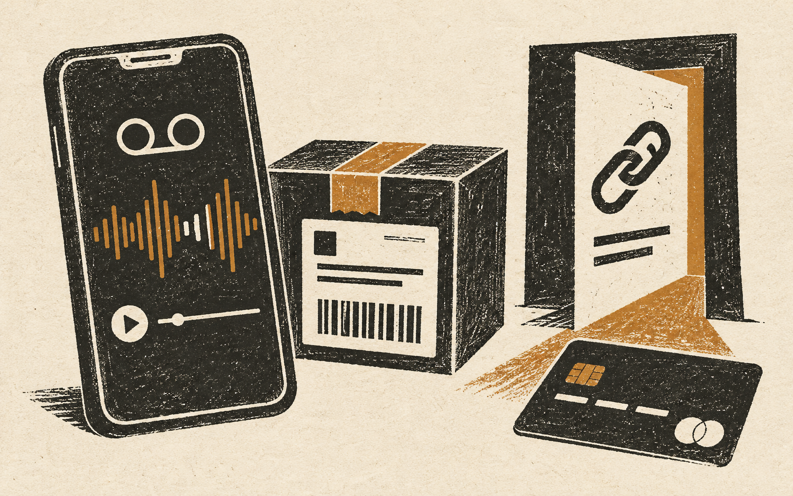 Linocut illustration of a delivery voicemail directing a phone user toward a suspicious parcel-payment link