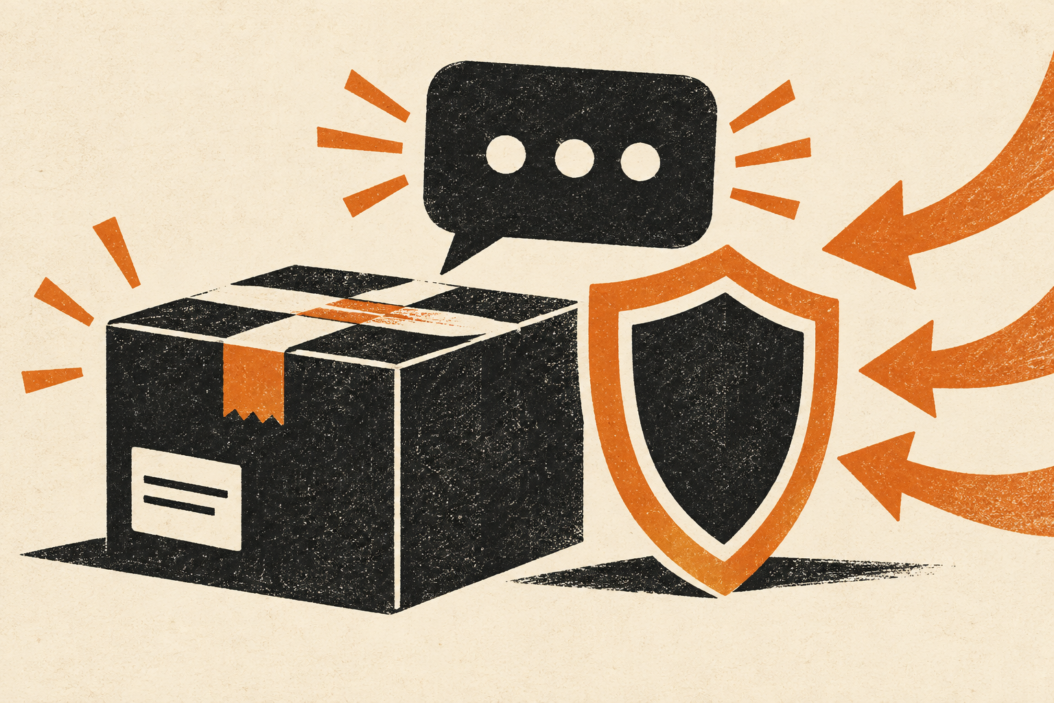 Charcoal and amber print illustration of a parcel, a seller message and a protective shield