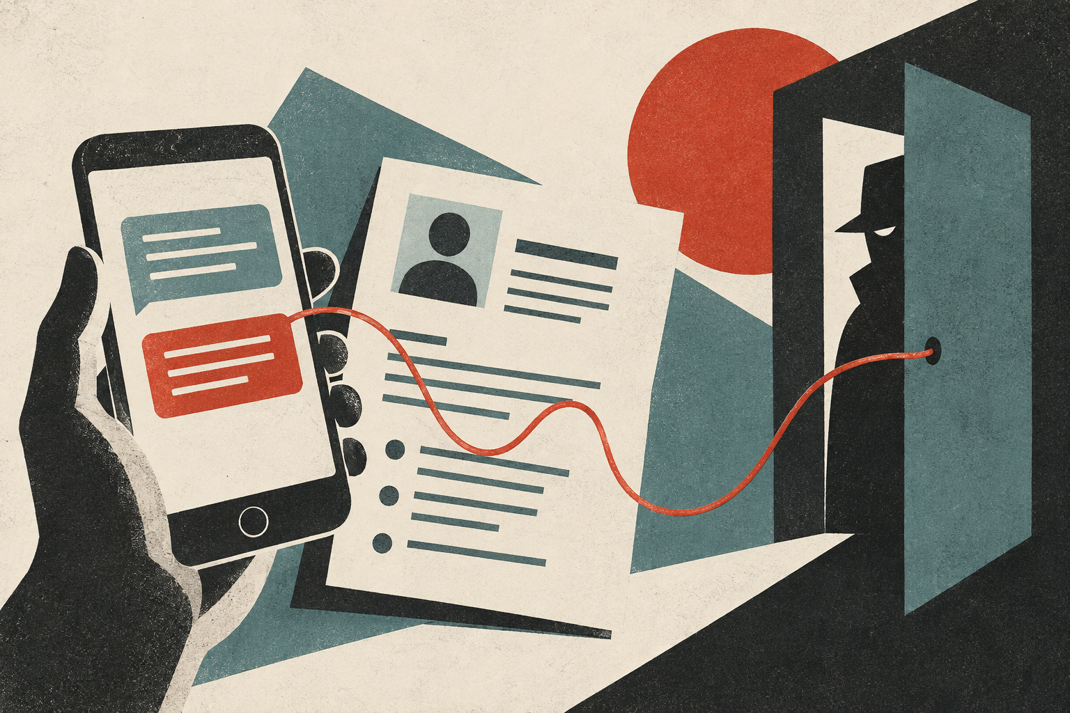 Editorial screenprint illustration of an unexpected recruiter text, a résumé, and a hidden figure linked by a red thread.