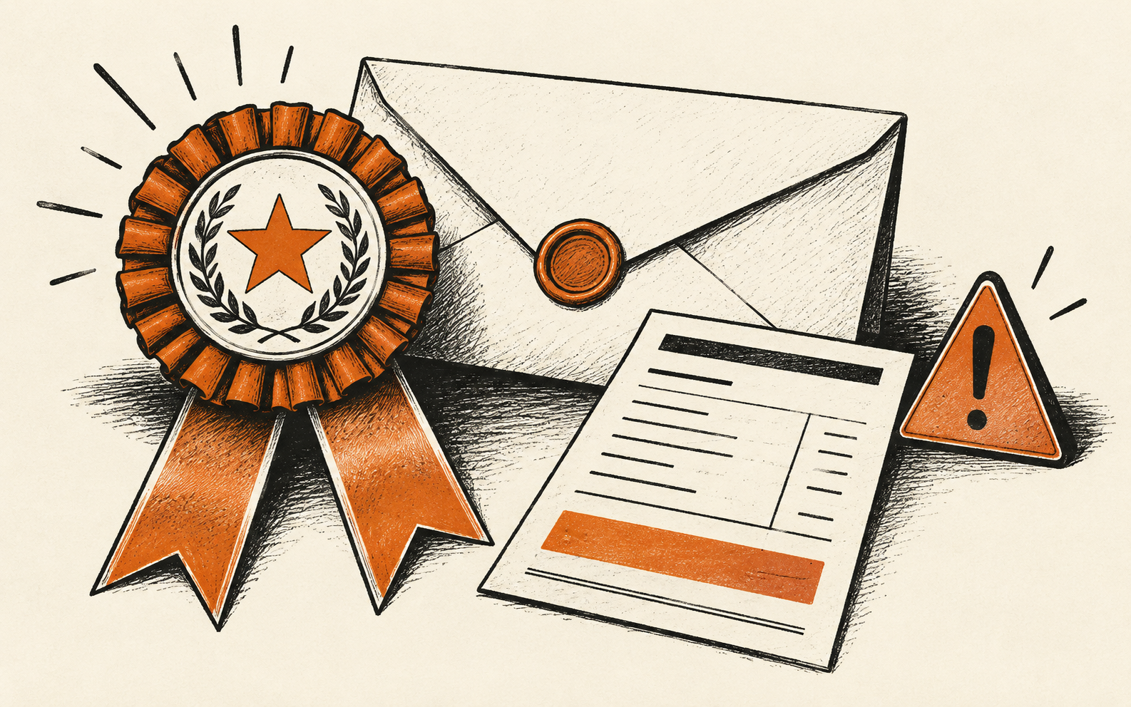 Ink illustration of a prize envelope and fee request slip for a sweepstakes scam explainer