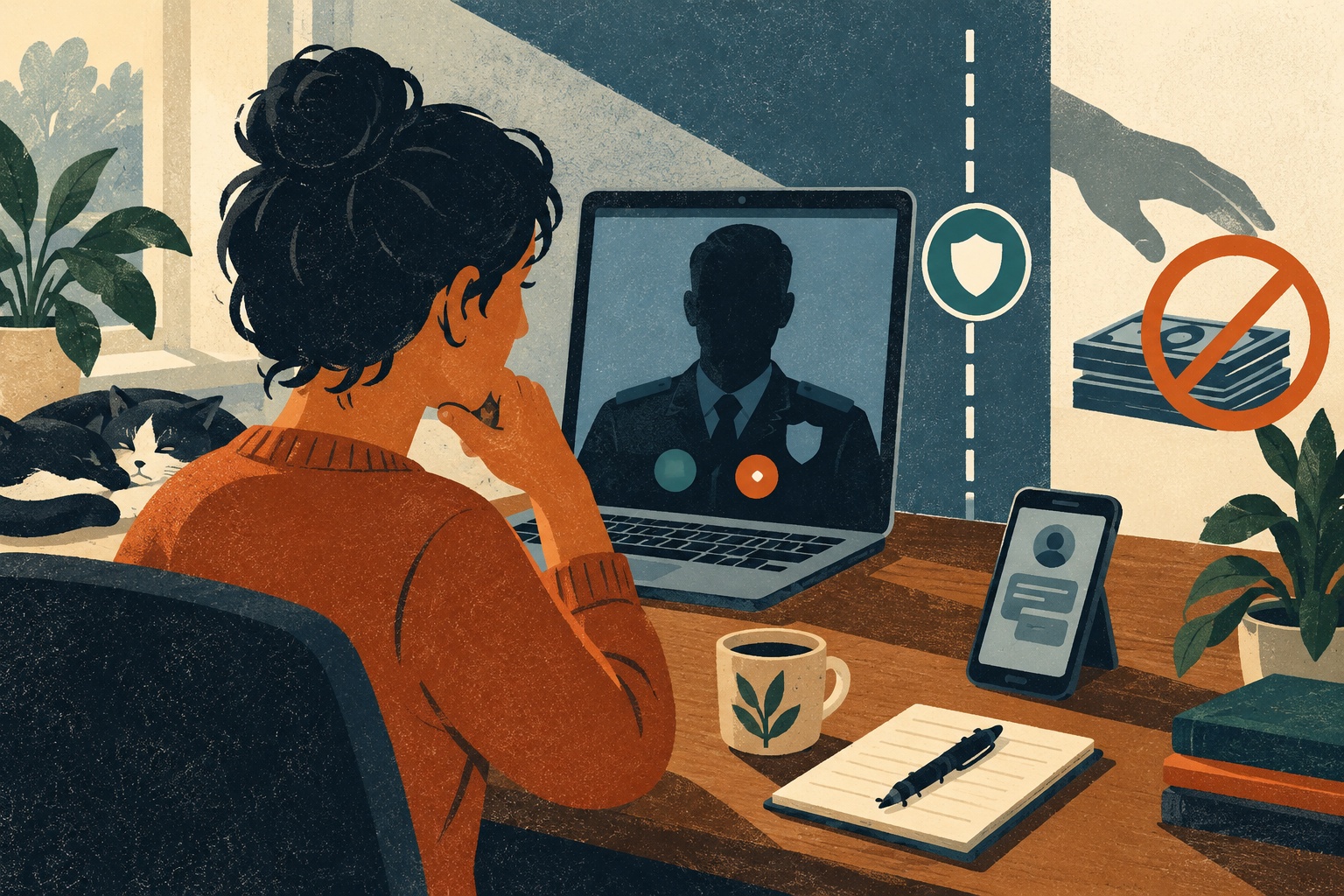 Screenprint illustration of a person pausing before an apparent law-enforcement video call while an unverified cash request is blocked