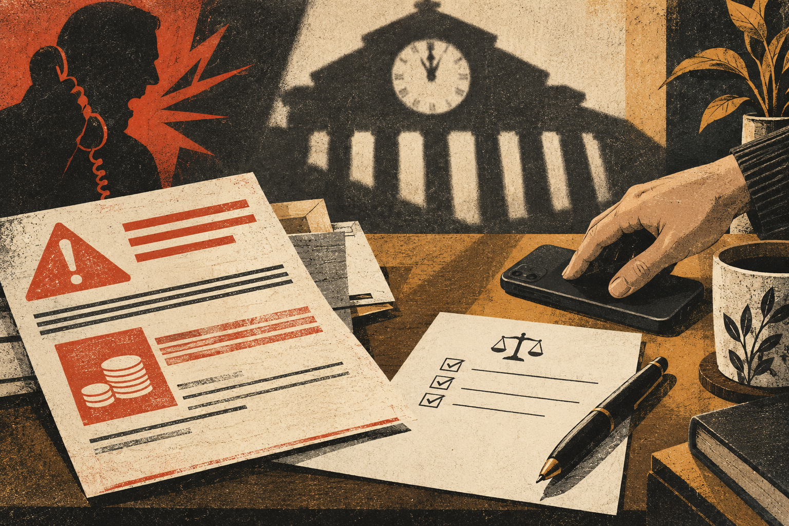 Screenprint illustration of a threatening collection notice beside a courthouse clock, a phone, and a written validation checklist.