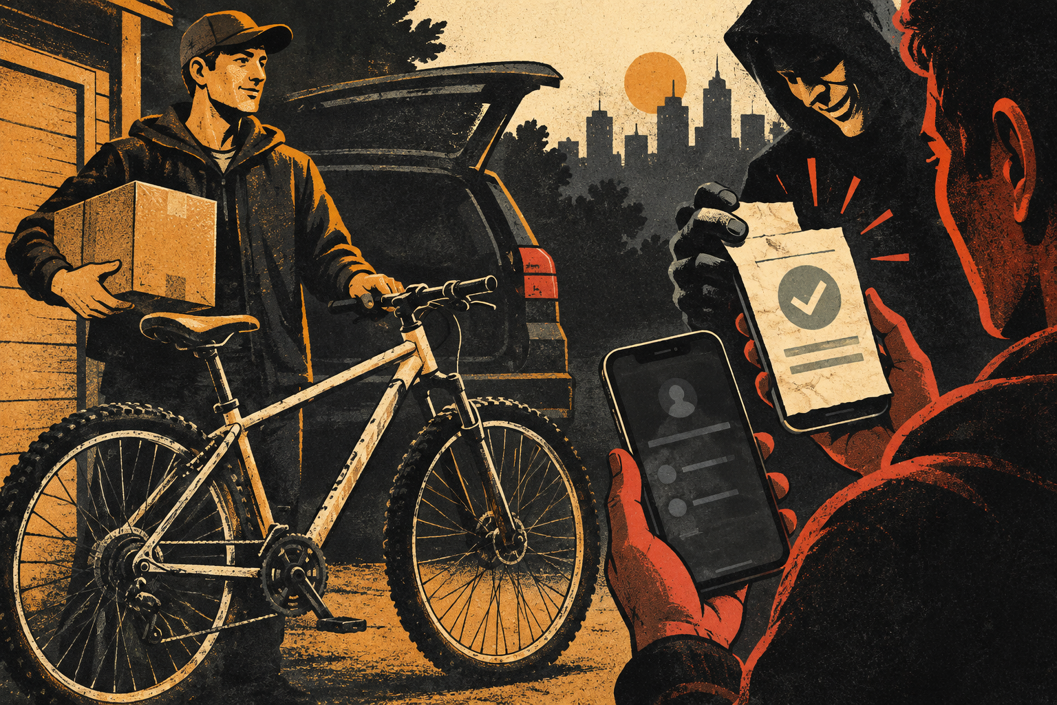 Screenprint illustration of a seller keeping a bicycle while a fake payment confirmation is separated from the real banking app.