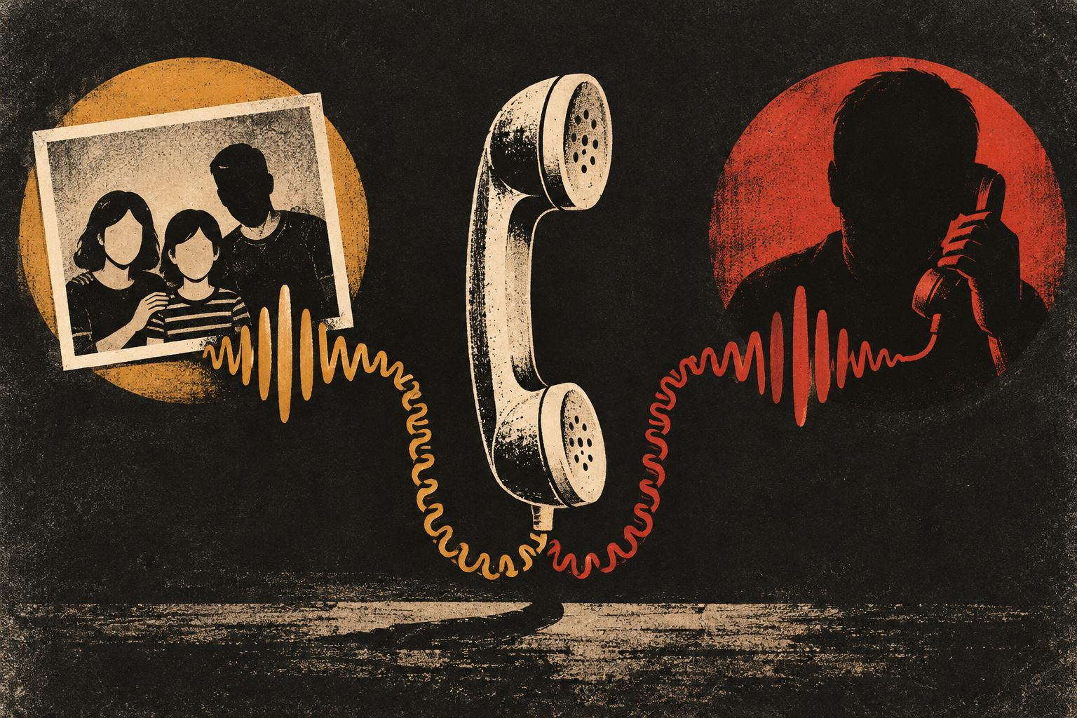 Screenprint illustration: a phone call splits between a familiar family voice and an unknown caller.
