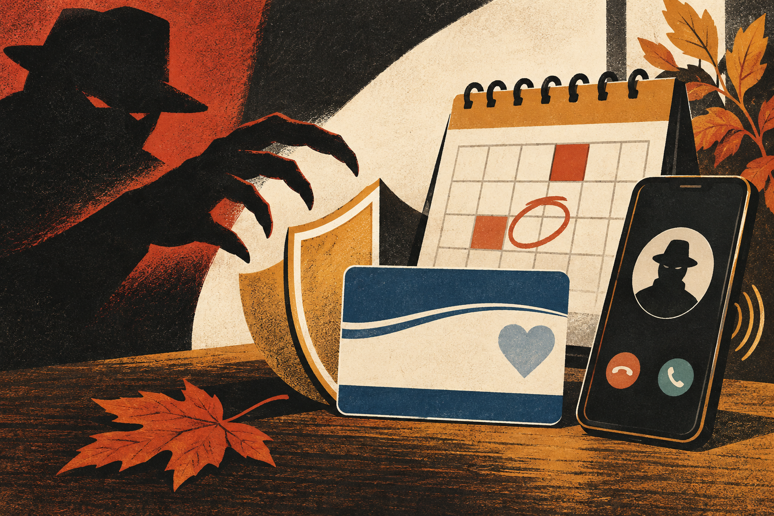 Screenprint illustration of a generic benefits card beside an open-enrollment calendar and an unsolicited phone call.