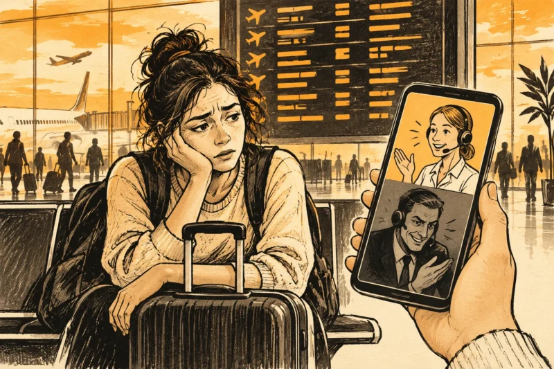 Amber ink illustration of a tired airport traveler and a phone showing two competing support representatives.
