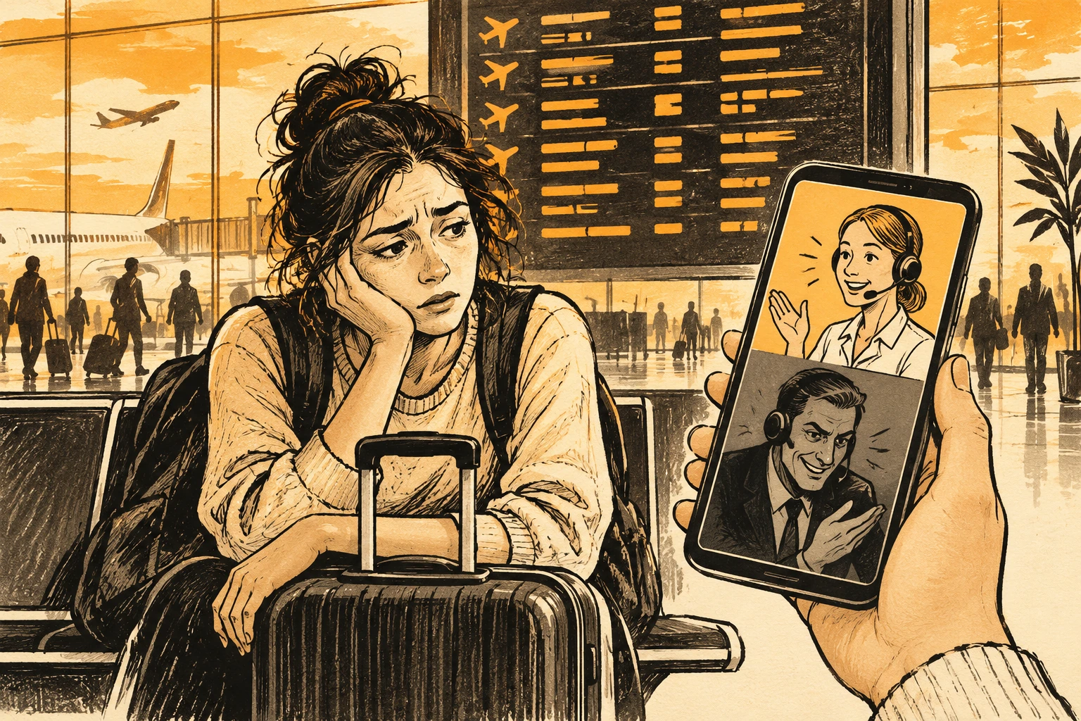 Amber ink illustration of a tired airport traveler and a phone showing two competing support representatives.