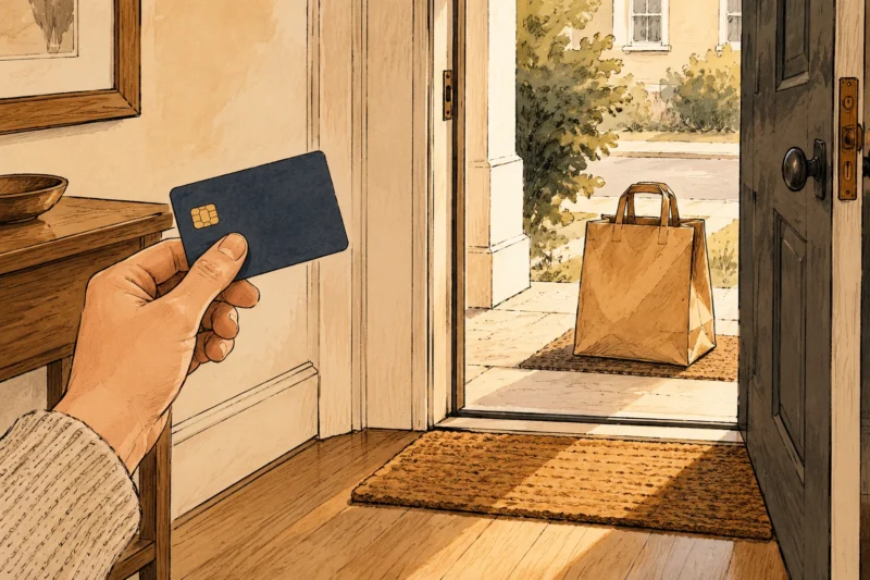 Amber ink hallway illustration of a hand keeping a bank card indoors while a delivery bag waits outside.
