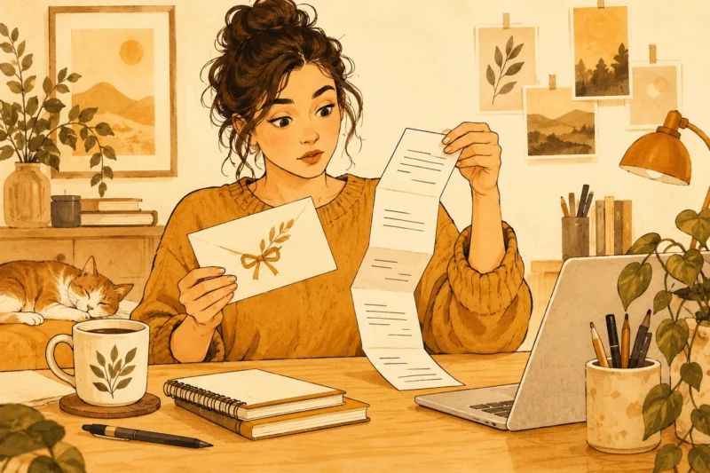 Amber ink illustration of a creator opening a collaboration invitation that unfolds into a shopping receipt.
