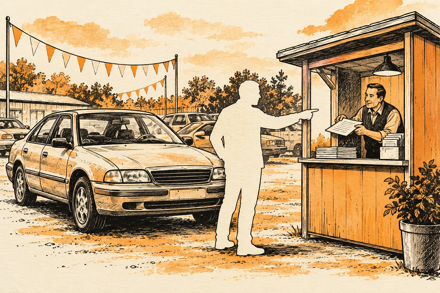 Ink illustration of a used car and a paper-cutout buyer pointing toward a paid vehicle-report booth.