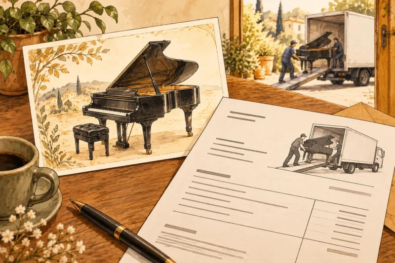 Amber ink illustration of a piano pictured on a postcard with a real delivery invoice in the foreground.
