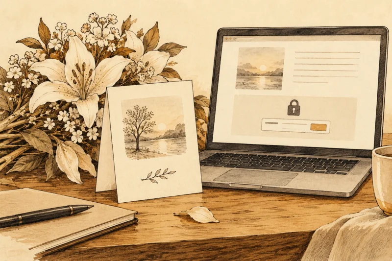 Subdued amber ink illustration of memorial flowers and a card beside a laptop displaying a payment barrier.
