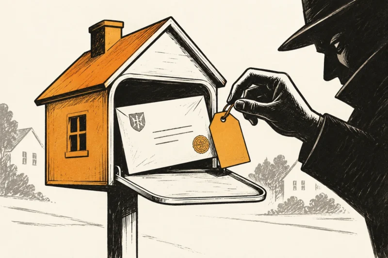 Ink and amber illustration of a house-shaped mailbox with an official-looking envelope and a detachable sales tag.