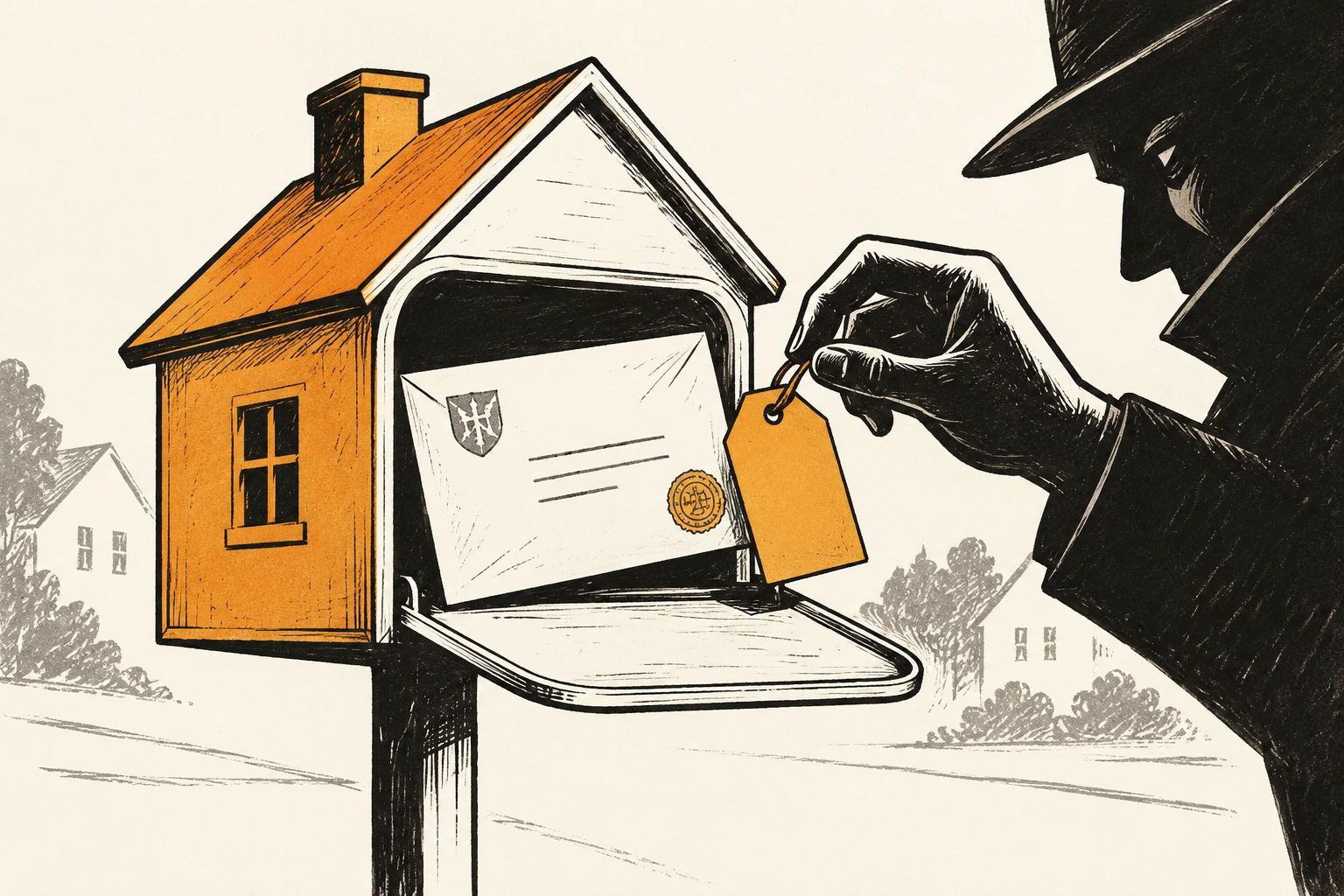Ink and amber illustration of a house-shaped mailbox with an official-looking envelope and a detachable sales tag.