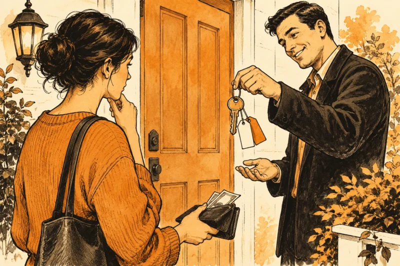 Warm ink illustration of a person holding a house key beside a doorway and two conflicting price tags.