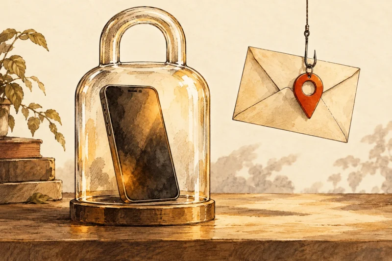 Amber ink illustration of a missing phone behind a protective glass frame and a misleading location pin hanging from an envelope.