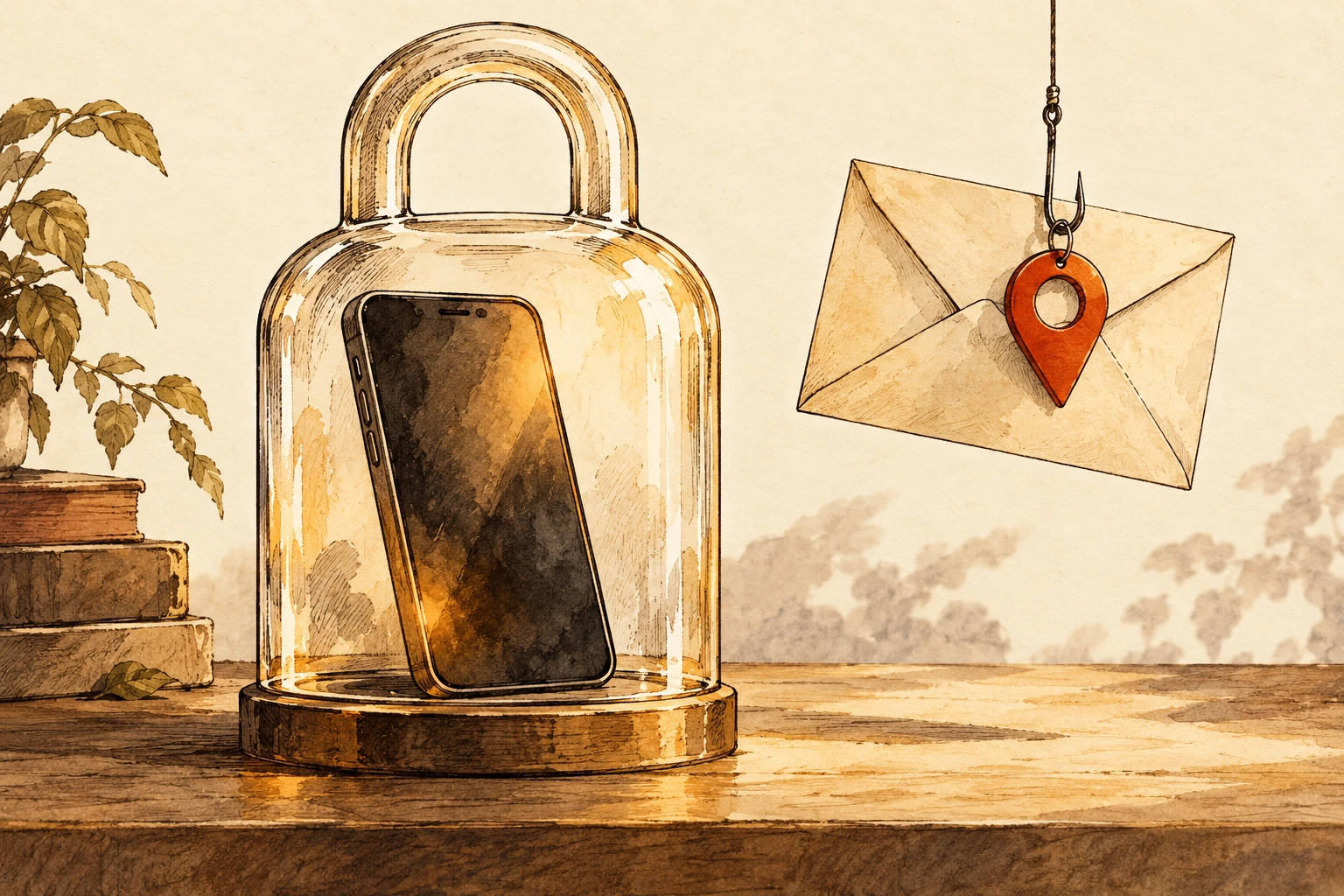 Amber ink illustration of a missing phone behind a protective glass frame and a misleading location pin hanging from an envelope.